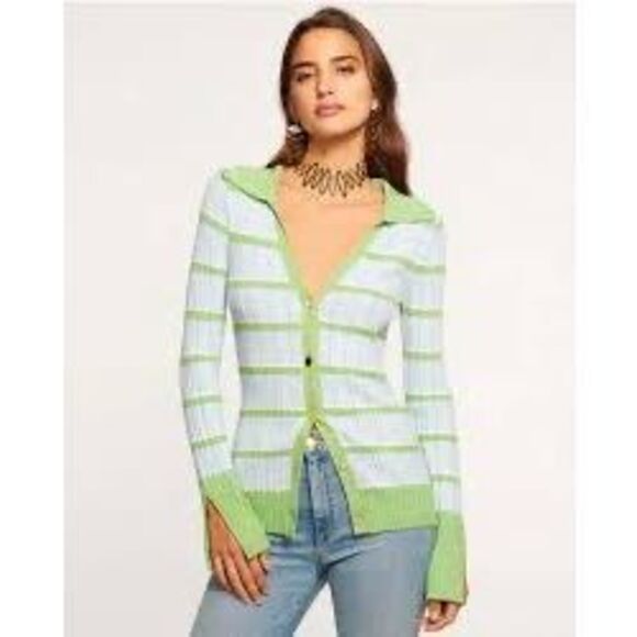 NWT Ramy Brook “Raya” Stripe Knit Button-front Sweater, in light blue and green - Picture 1 of 13
